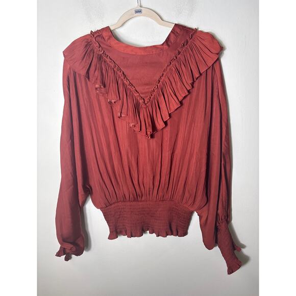 Glam Ox Blood Long Sleeve Ruffle Smocked Waist and Cuff Sz L - Picture 2 of 2